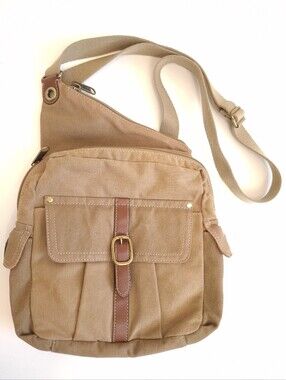 Fossil Khaki Canvas Crossbody Bag With Leather Trim